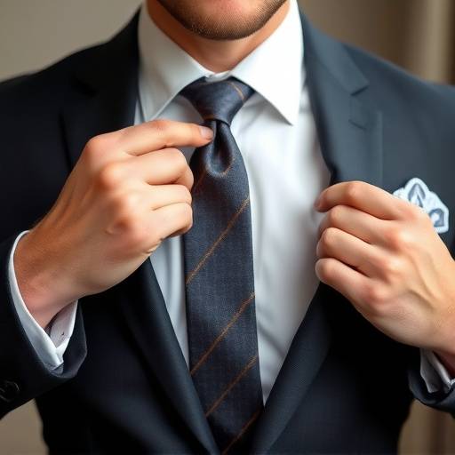 Um homem ajustando uma gravata elegantemente personalizada